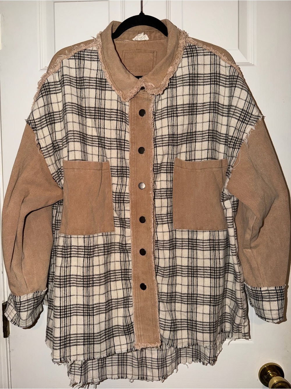 POL Tan & Cream Plaid Mixed Media Oversized Shacket Boho Cottagecore Rustic